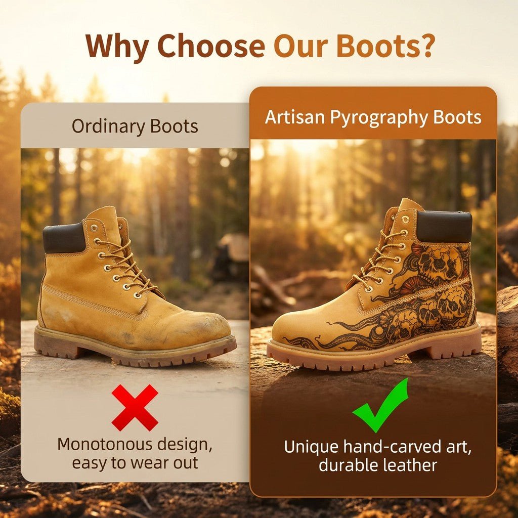 Men's Hand‑Pyrography Leather Work Boots, Handcrafted Genuine Leather Rugged Ankle Boots Hand‑Pyrography Genuine Leather Work Boots