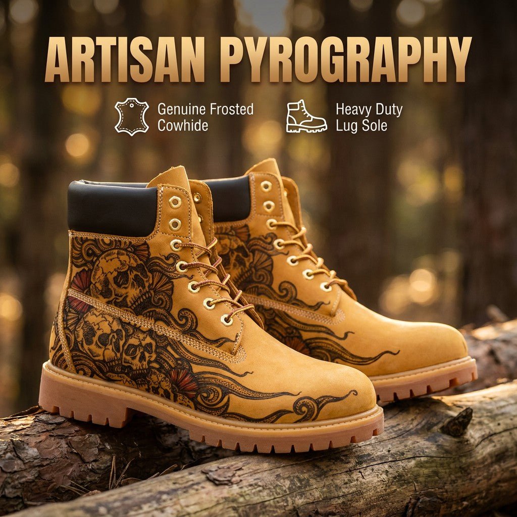 Men's Hand‑Pyrography Leather Work Boots, Handcrafted Genuine Leather Rugged Ankle Boots Hand‑Pyrography Genuine Leather Work Boots