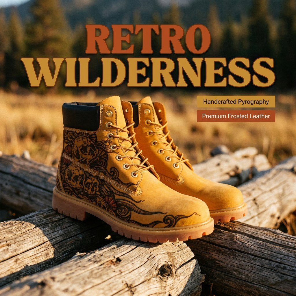 Men's Hand‑Pyrography Leather Work Boots, Handcrafted Genuine Leather Rugged Ankle Boots Hand‑Pyrography Genuine Leather Work Boots