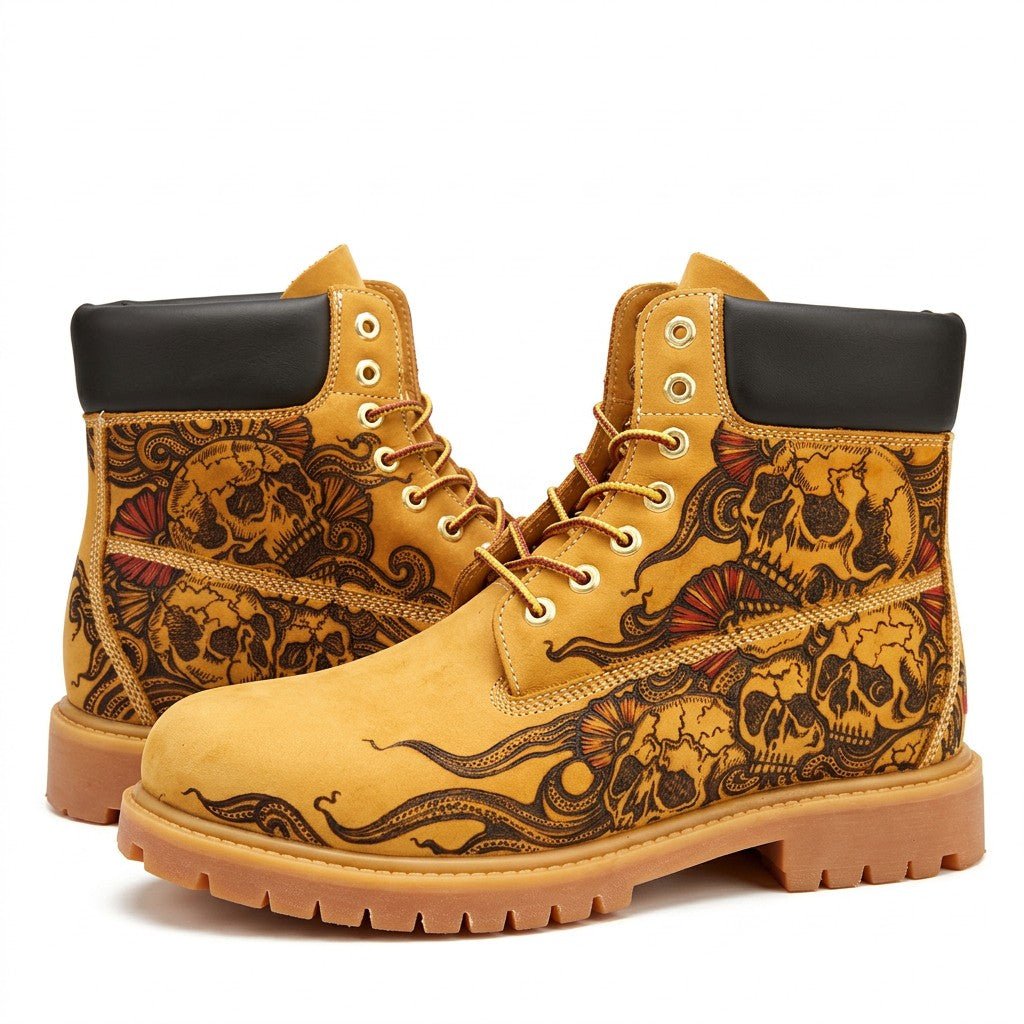 Men's Hand‑Pyrography Leather Work Boots, Handcrafted Genuine Leather Rugged Ankle Boots Hand‑Pyrography Genuine Leather Work Boots