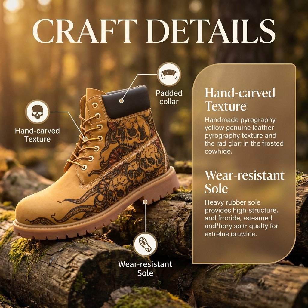 Men's Hand‑Pyrography Leather Work Boots, Handcrafted Genuine Leather Rugged Ankle Boots Hand‑Pyrography Genuine Leather Work Boots