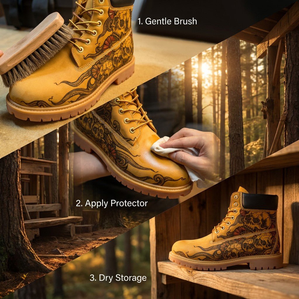 Men's Hand‑Pyrography Leather Work Boots, Handcrafted Genuine Leather Rugged Ankle Boots Hand‑Pyrography Genuine Leather Work Boots