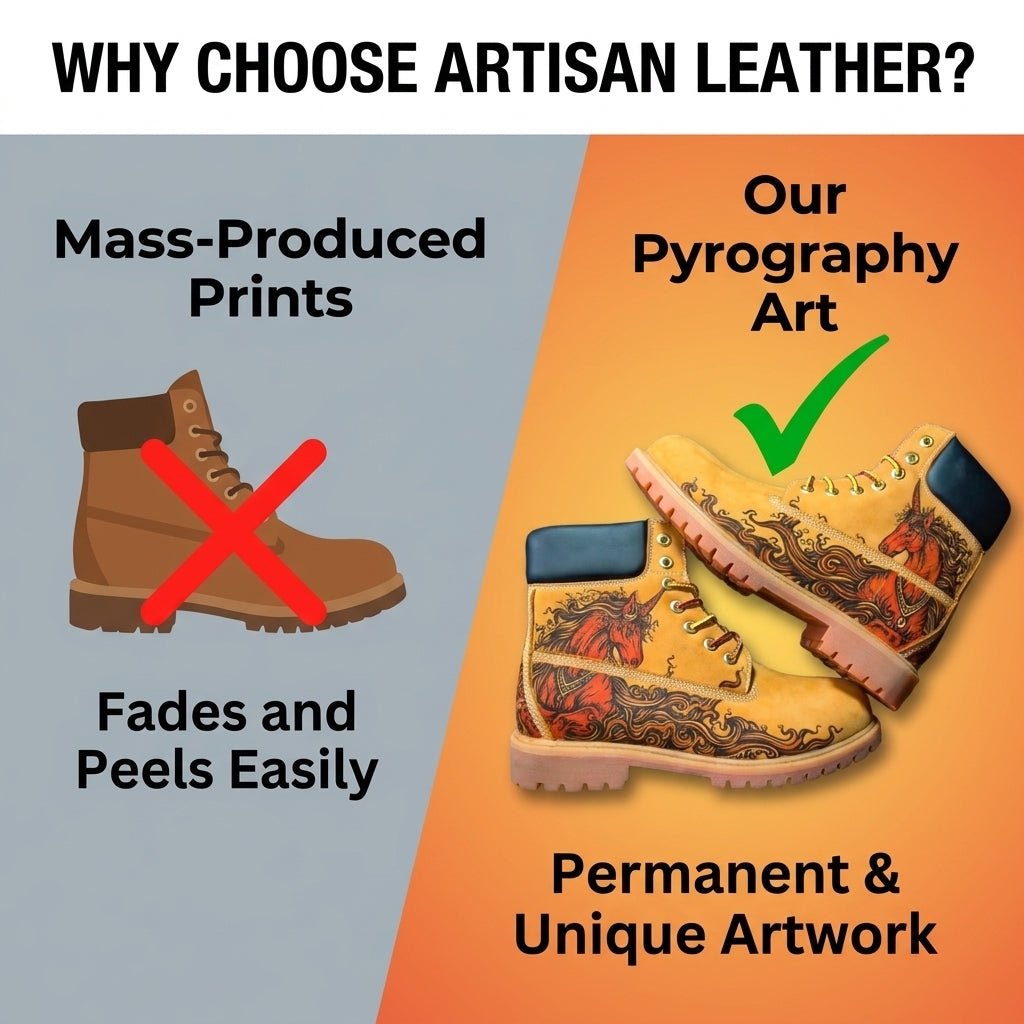`Men's Hand‑Pyrography Unicorn Leather Boots | Mythical Engraved Genuine Cowhide Work Boots` Hand‑Pyrography Genuine Leather Work Boots