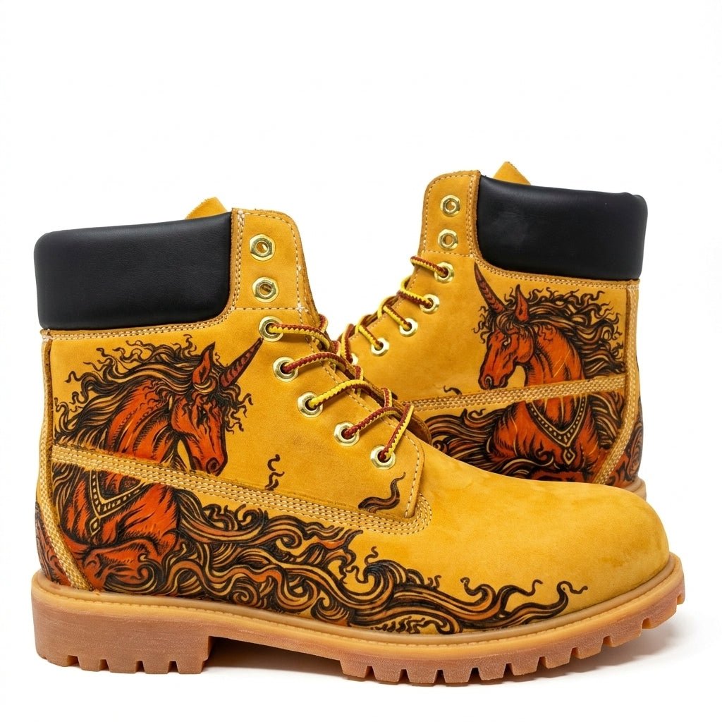 `Men's Hand‑Pyrography Unicorn Leather Boots | Mythical Engraved Genuine Cowhide Work Boots` Hand‑Pyrography Genuine Leather Work Boots