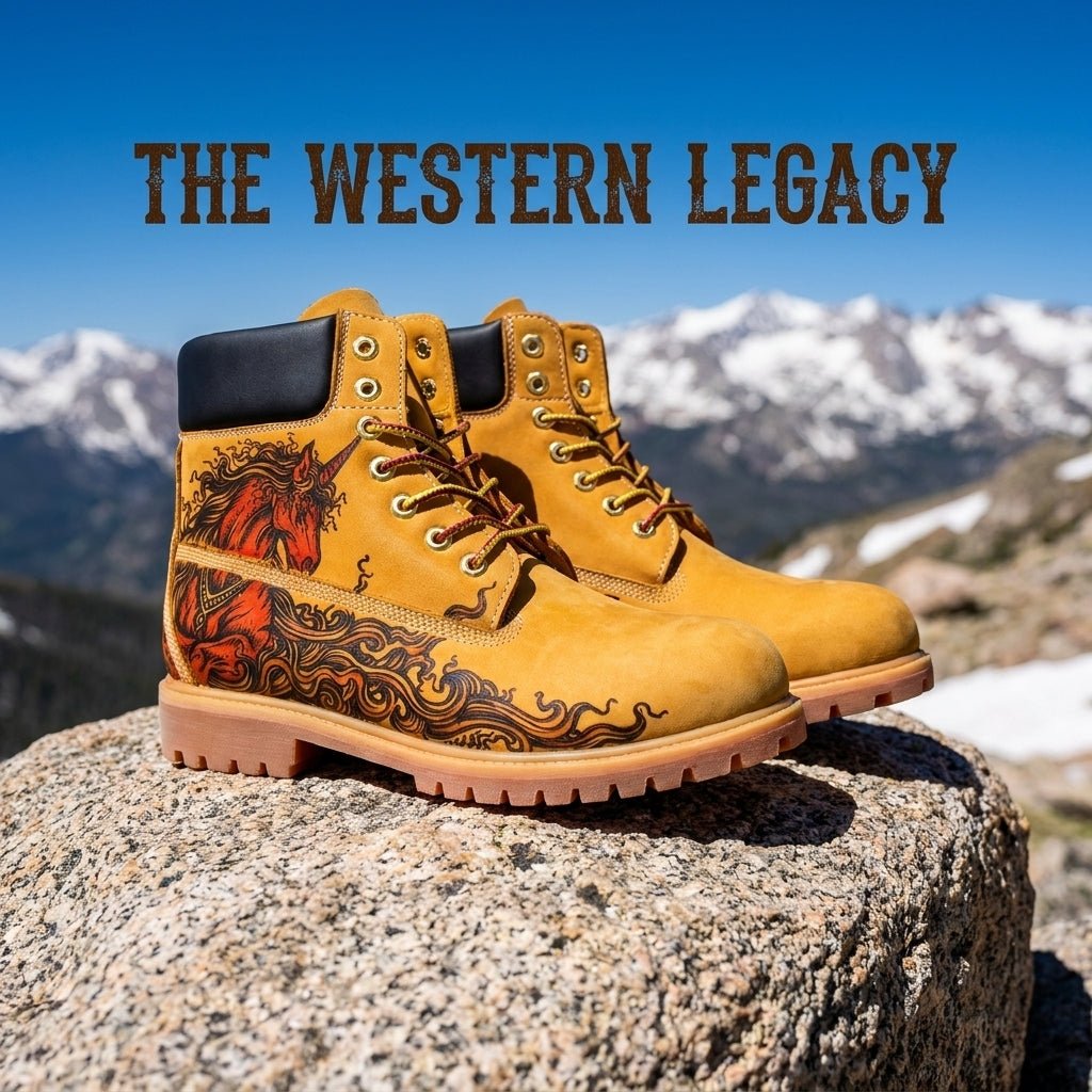 `Men's Hand‑Pyrography Unicorn Leather Boots | Mythical Engraved Genuine Cowhide Work Boots` Hand‑Pyrography Genuine Leather Work Boots