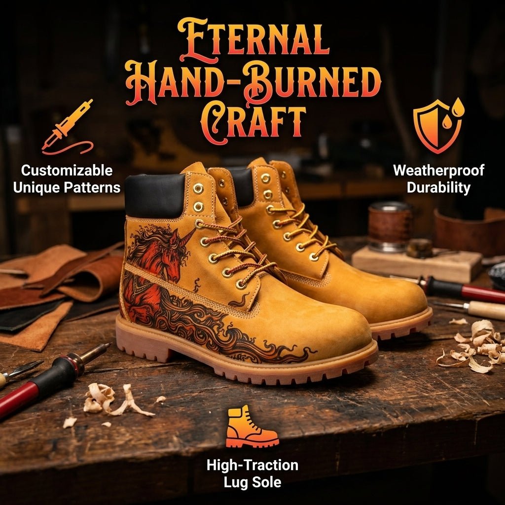 `Men's Hand‑Pyrography Unicorn Leather Boots | Mythical Engraved Genuine Cowhide Work Boots` Hand‑Pyrography Genuine Leather Work Boots