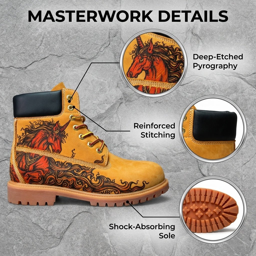 `Men's Hand‑Pyrography Unicorn Leather Boots | Mythical Engraved Genuine Cowhide Work Boots` Hand‑Pyrography Genuine Leather Work Boots