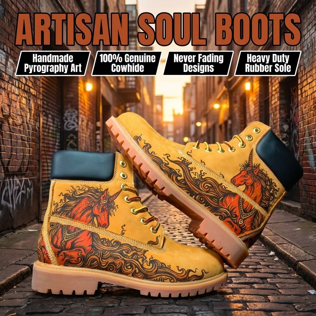 `Men's Hand‑Pyrography Unicorn Leather Boots | Mythical Engraved Genuine Cowhide Work Boots` Hand‑Pyrography Genuine Leather Work Boots