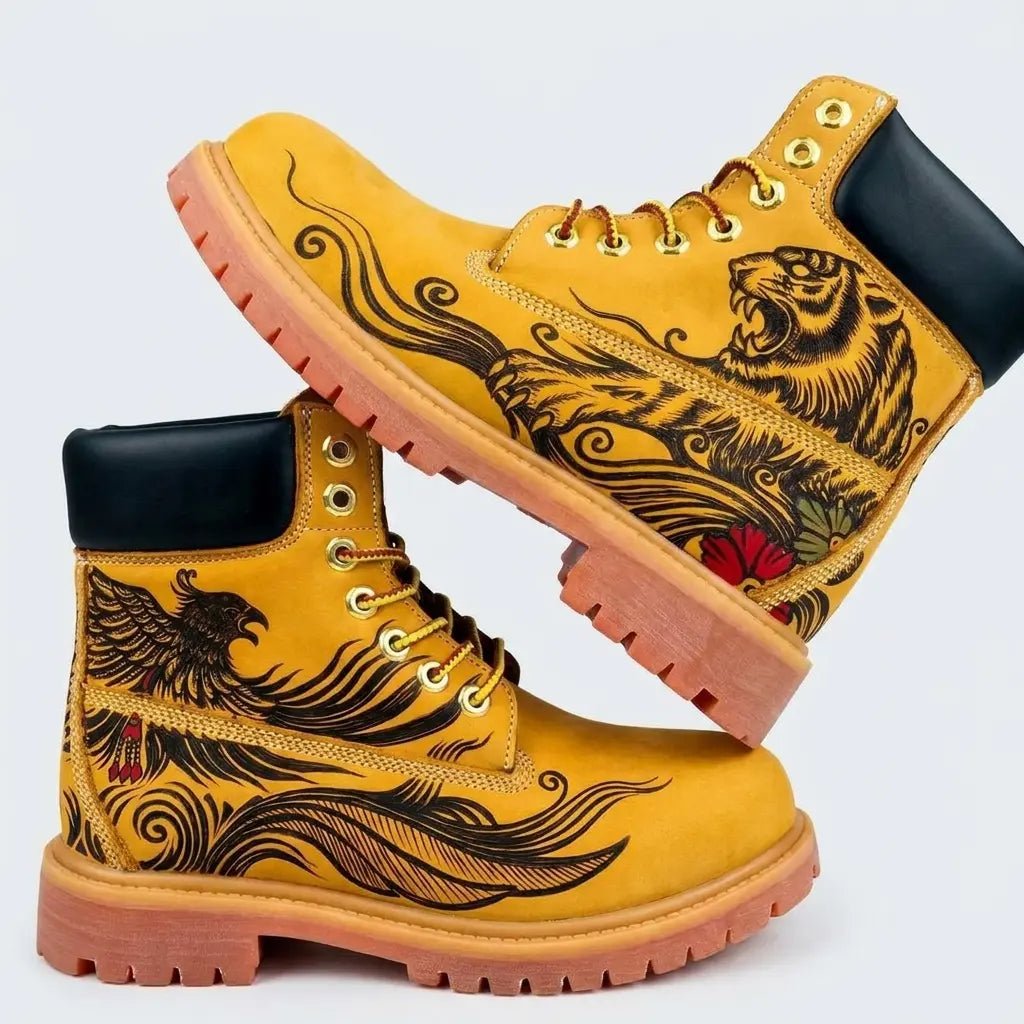 Men's Imperial Aura Pyrography Leather Work Boots | Amber Cowhide | PyroLeather Co Hand‑Pyrography Genuine Leather Work Boots