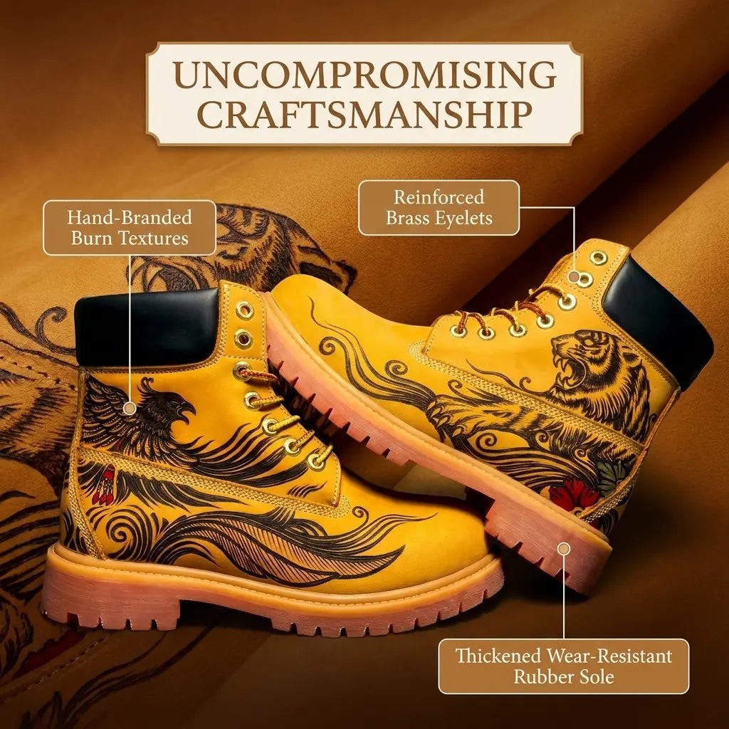 Men's Imperial Aura Pyrography Leather Work Boots | Amber Cowhide | PyroLeather Co Hand‑Pyrography Genuine Leather Work Boots