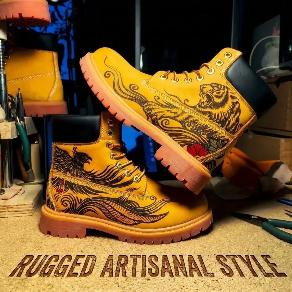 Men's Imperial Aura Pyrography Leather Work Boots | Amber Cowhide | PyroLeather Co Hand‑Pyrography Genuine Leather Work Boots