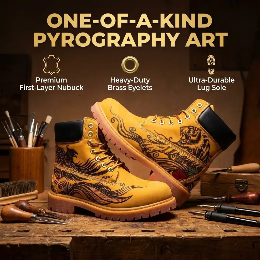 Men's Imperial Aura Pyrography Leather Work Boots | Amber Cowhide | PyroLeather Co Hand‑Pyrography Genuine Leather Work Boots