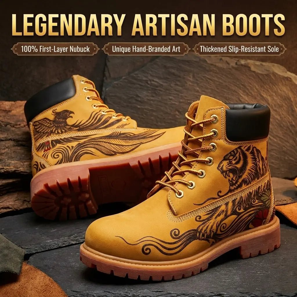 Men's Imperial Aura Pyrography Leather Work Boots | Amber Cowhide | PyroLeather Co Hand‑Pyrography Genuine Leather Work Boots