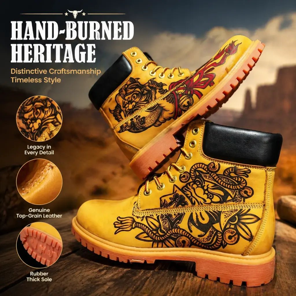 Men's Oriental Pyrography Leather Work Boots | Yellow Cowhide | PyroLeather Co Hand‑Pyrography Genuine Leather Work Boots