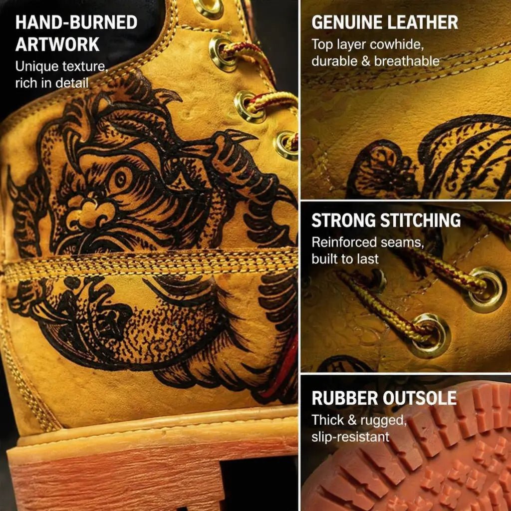 Men's Oriental Pyrography Leather Work Boots | Yellow Cowhide | PyroLeather Co Hand‑Pyrography Genuine Leather Work Boots
