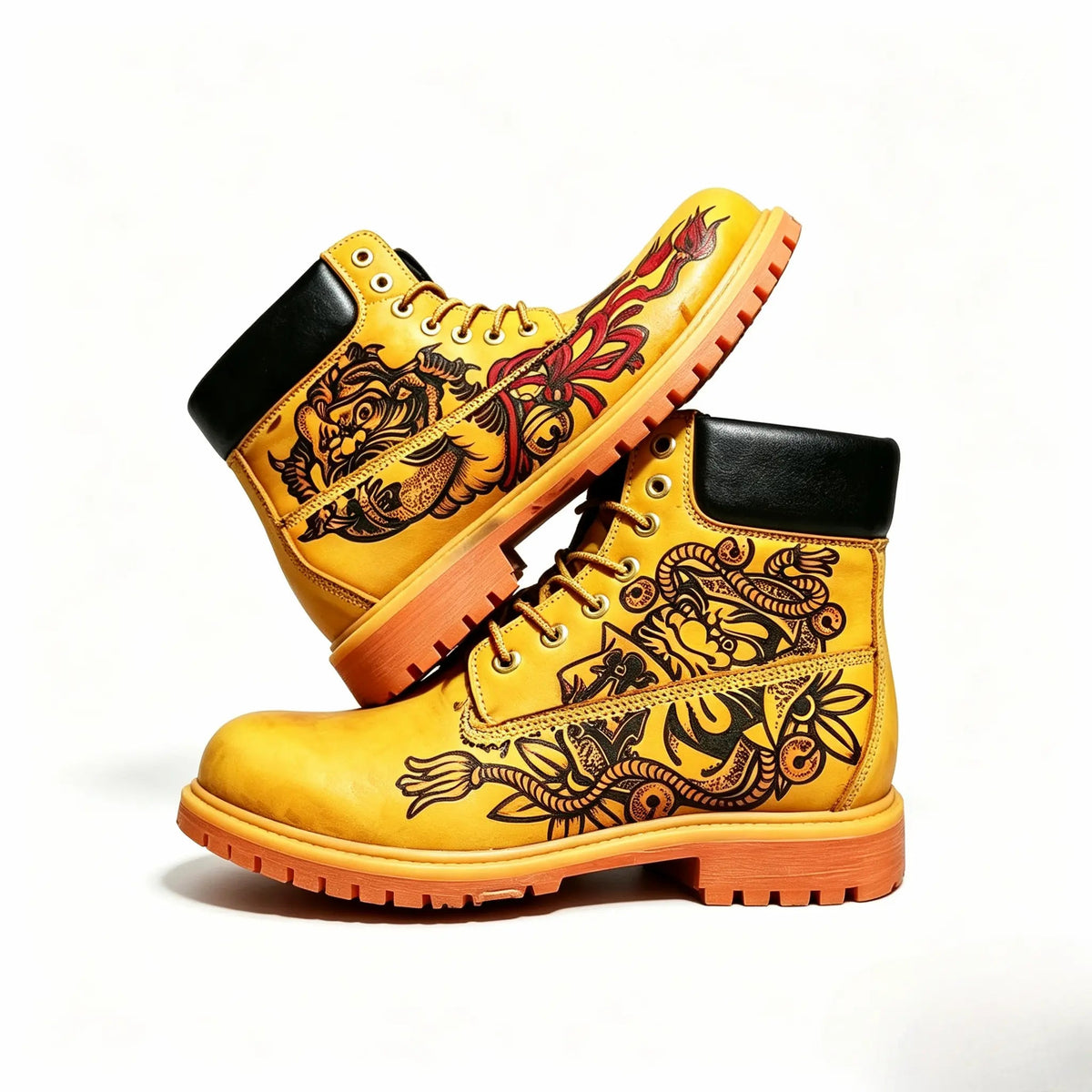 Men's Oriental Pyrography Leather Work Boots | Yellow Cowhide | PyroLeather Co Hand‑Pyrography Genuine Leather Work Boots
