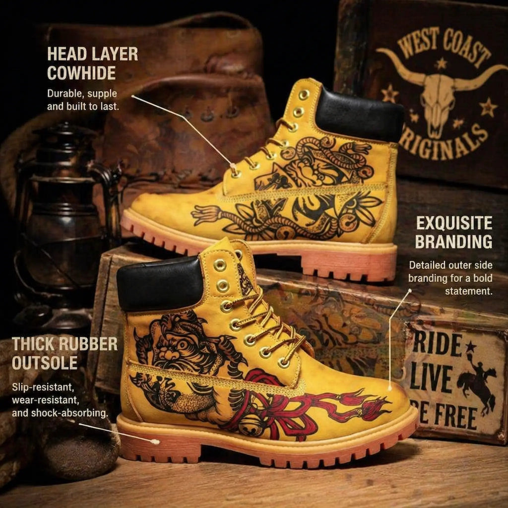 Men's Oriental Pyrography Leather Work Boots | Yellow Cowhide | PyroLeather Co Hand‑Pyrography Genuine Leather Work Boots
