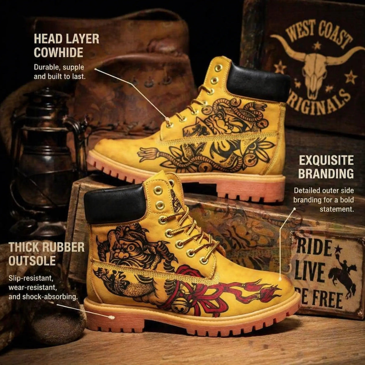 Men's Oriental Pyrography Leather Work Boots | Yellow Cowhide | PyroLeather Co Hand‑Pyrography Genuine Leather Work Boots