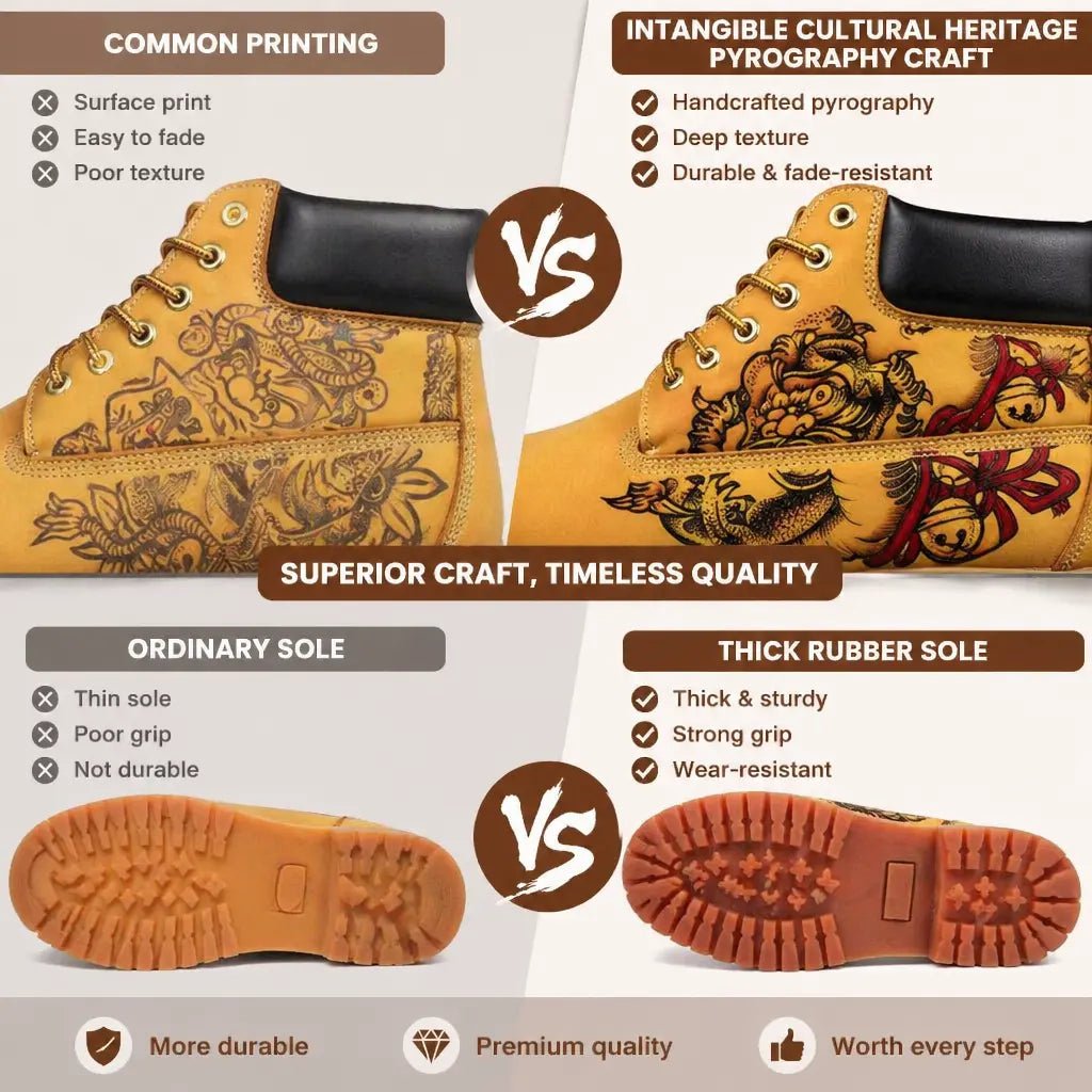Men's Oriental Pyrography Leather Work Boots | Yellow Cowhide | PyroLeather Co Hand‑Pyrography Genuine Leather Work Boots