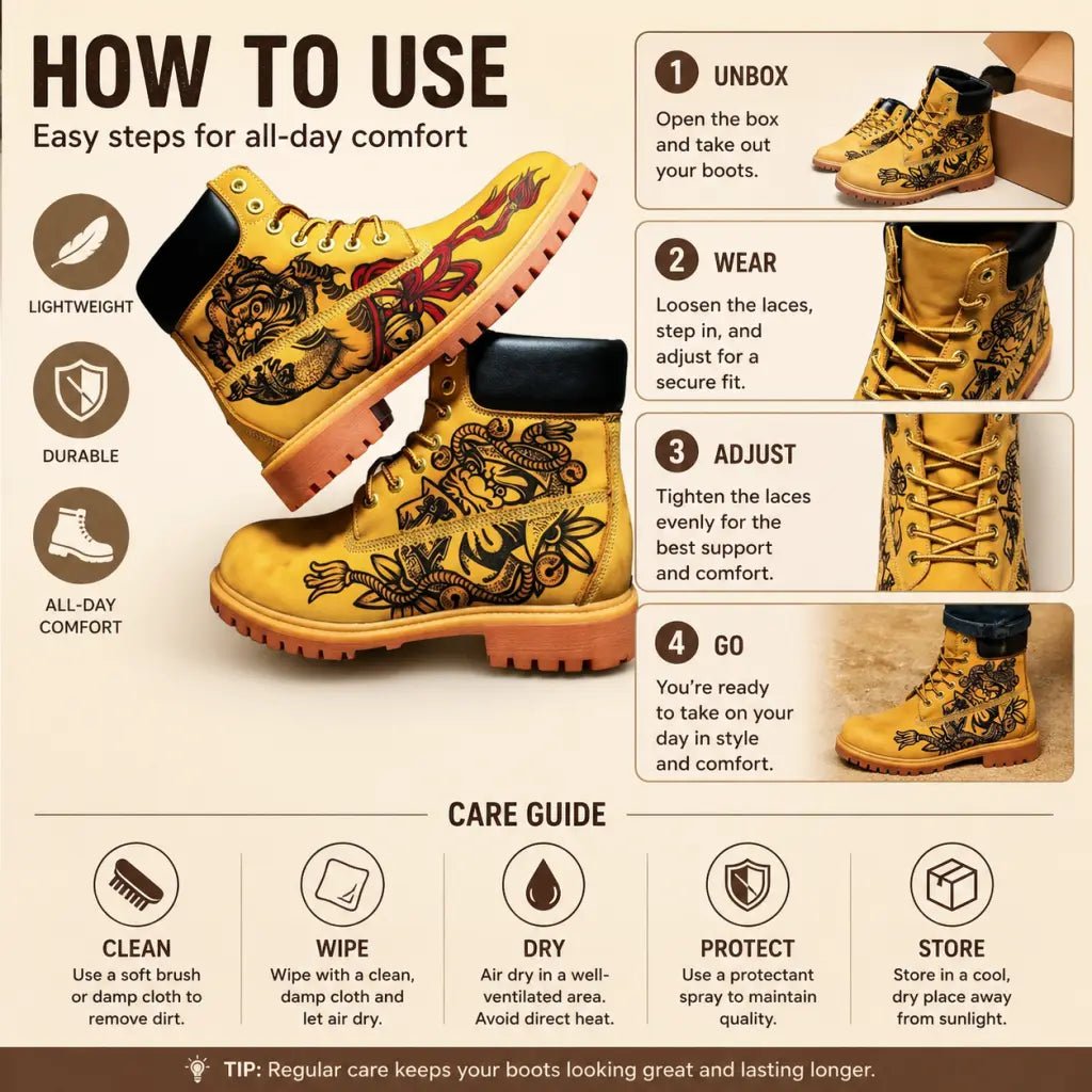 Men's Oriental Pyrography Leather Work Boots | Yellow Cowhide | PyroLeather Co Hand‑Pyrography Genuine Leather Work Boots