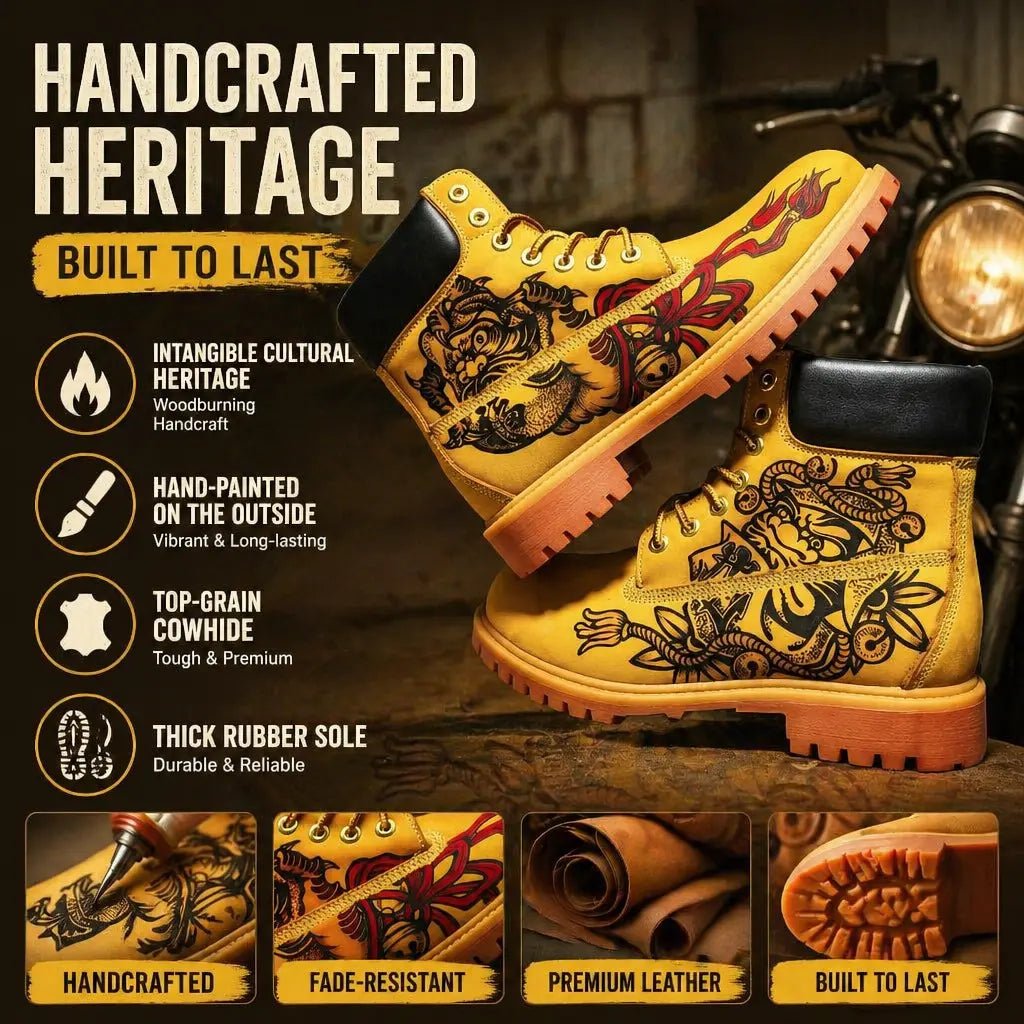 Men's Oriental Pyrography Leather Work Boots | Yellow Cowhide | PyroLeather Co Hand‑Pyrography Genuine Leather Work Boots