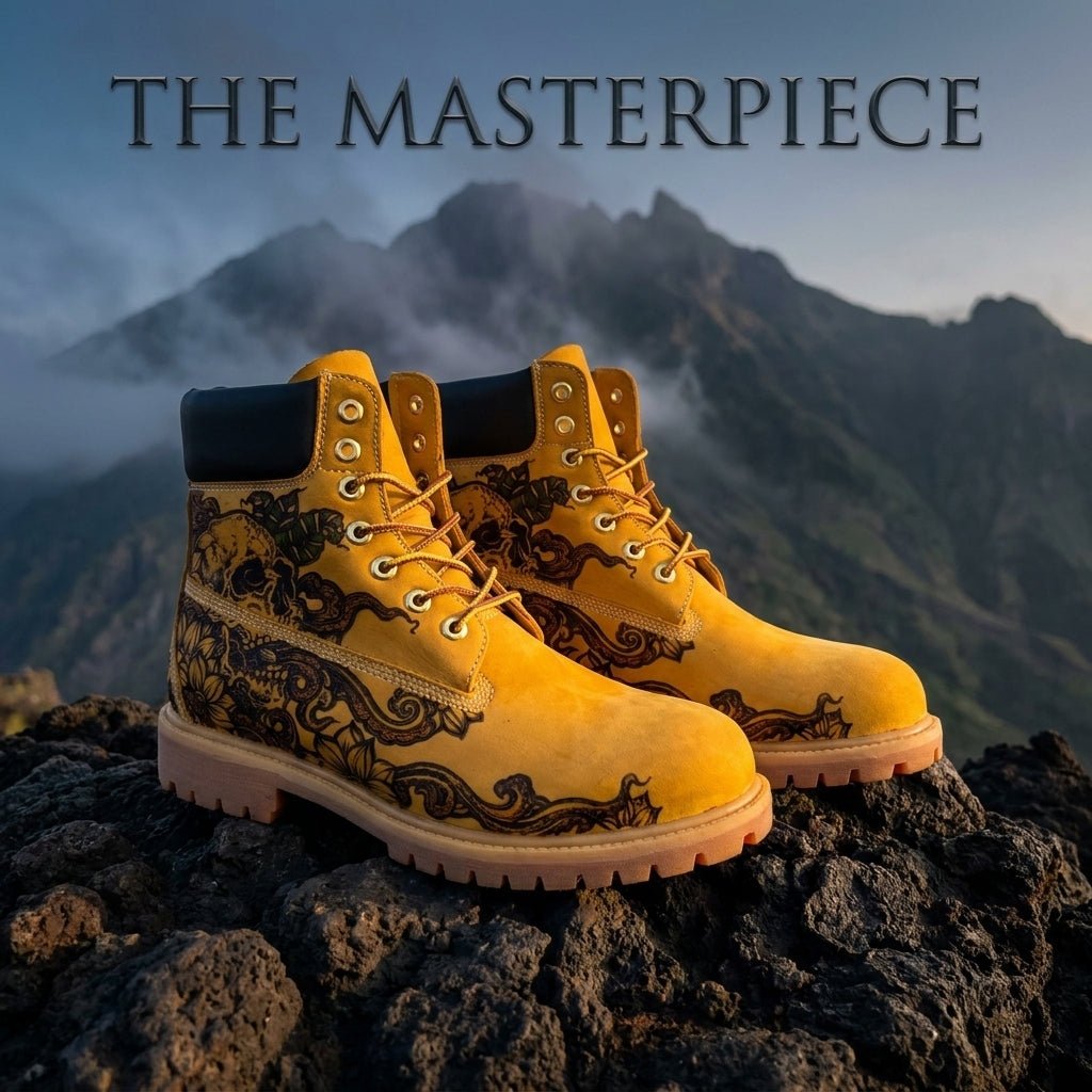 Men's Skull & Lotus Pyrography Leather Work Boots | Wheat Cowhide | PyroLeather Co Hand‑Pyrography Genuine Leather Work Boots