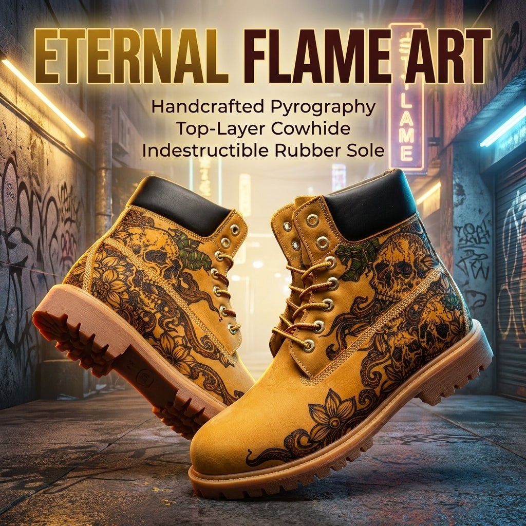 Men's Skull & Lotus Pyrography Leather Work Boots | Wheat Cowhide | PyroLeather Co Hand‑Pyrography Genuine Leather Work Boots