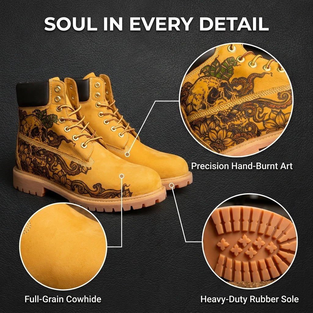 Men's Skull & Lotus Pyrography Leather Work Boots | Wheat Cowhide | PyroLeather Co Hand‑Pyrography Genuine Leather Work Boots