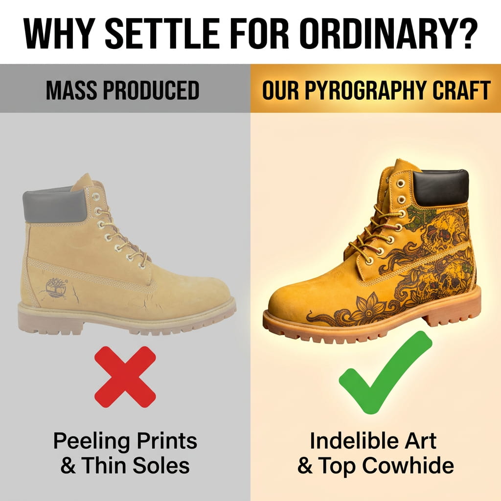 Men's Skull & Lotus Pyrography Leather Work Boots | Wheat Cowhide | PyroLeather Co Hand‑Pyrography Genuine Leather Work Boots