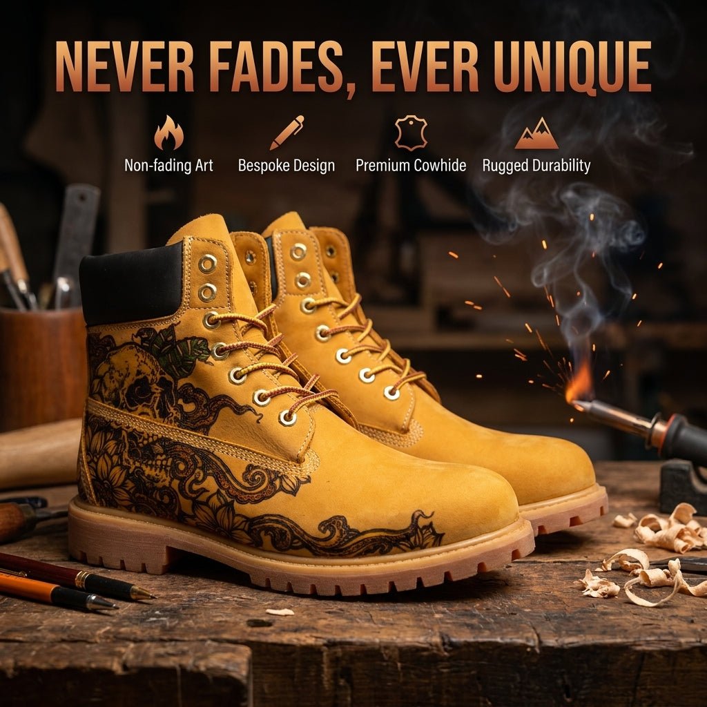 Men's Skull & Lotus Pyrography Leather Work Boots | Wheat Cowhide | PyroLeather Co Hand‑Pyrography Genuine Leather Work Boots