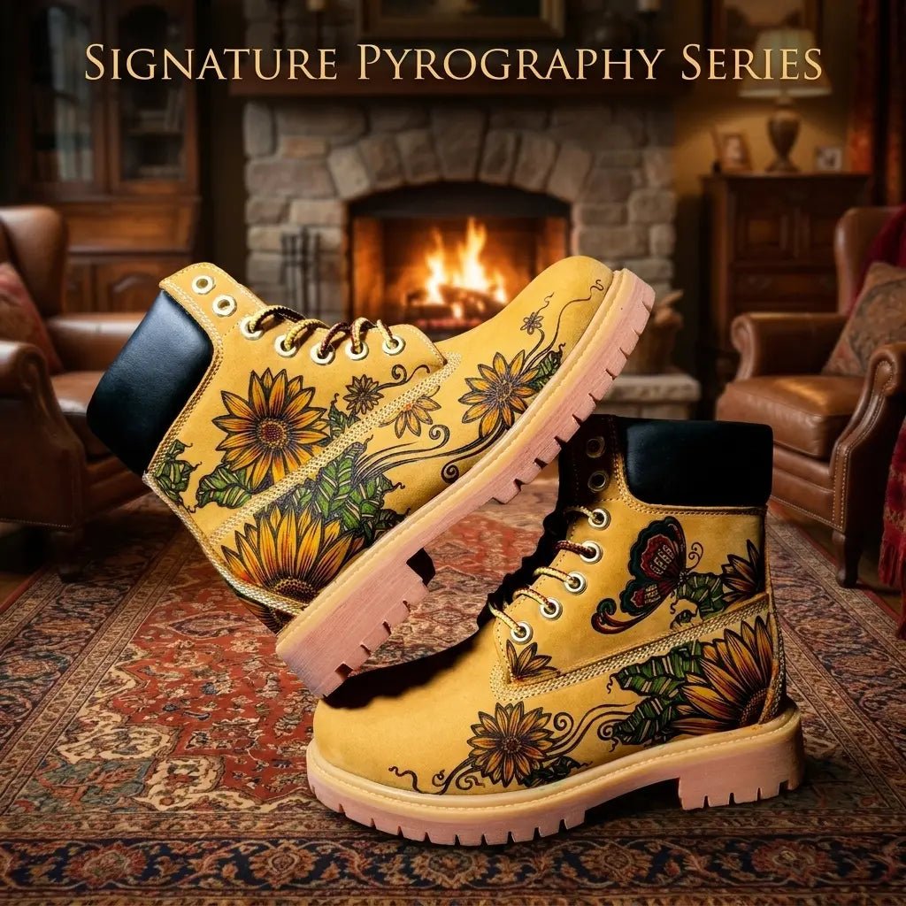 Men's wheat cowhide work boots in a rustic artisan workshop
