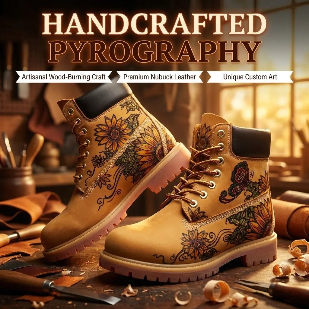Artisan creating handcrafted pyrography on men's leather boots.