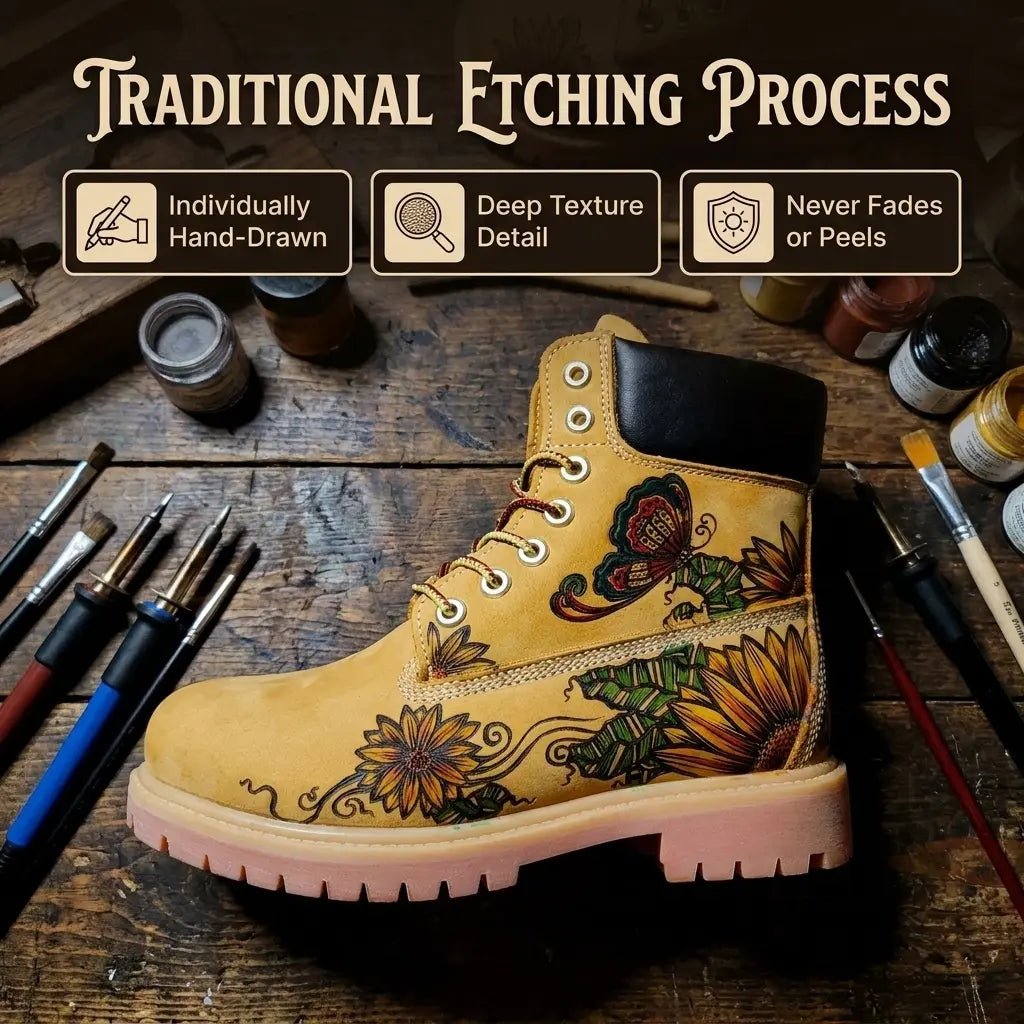 Traditional leather crafting and hand-burning etching process.