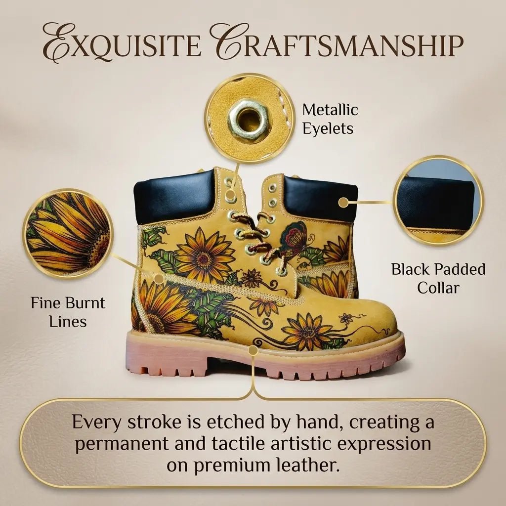Exquisite craftsmanship details of premium leather work boots.