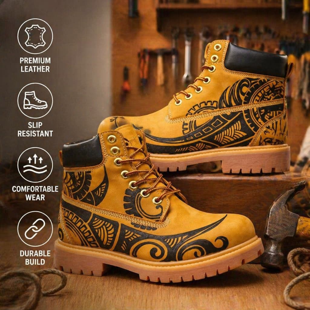 Men's Tribal Tattoo Pyrography Leather Boots | Polynesian Maori | PyroLeather Co Hand‑Pyrography Genuine Leather Work Boots