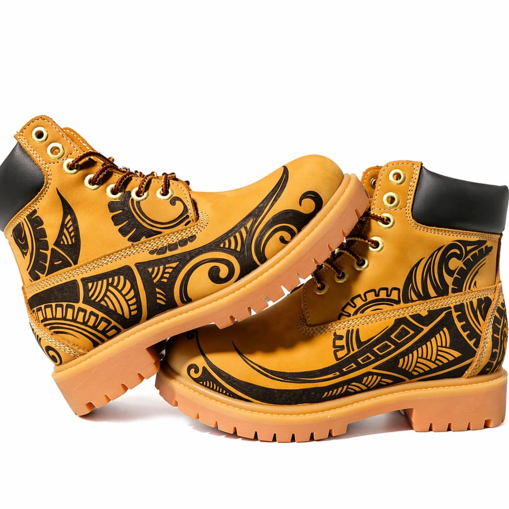 Men's Tribal Tattoo Pyrography Leather Boots | Polynesian Maori | PyroLeather Co Hand‑Pyrography Genuine Leather Work Boots