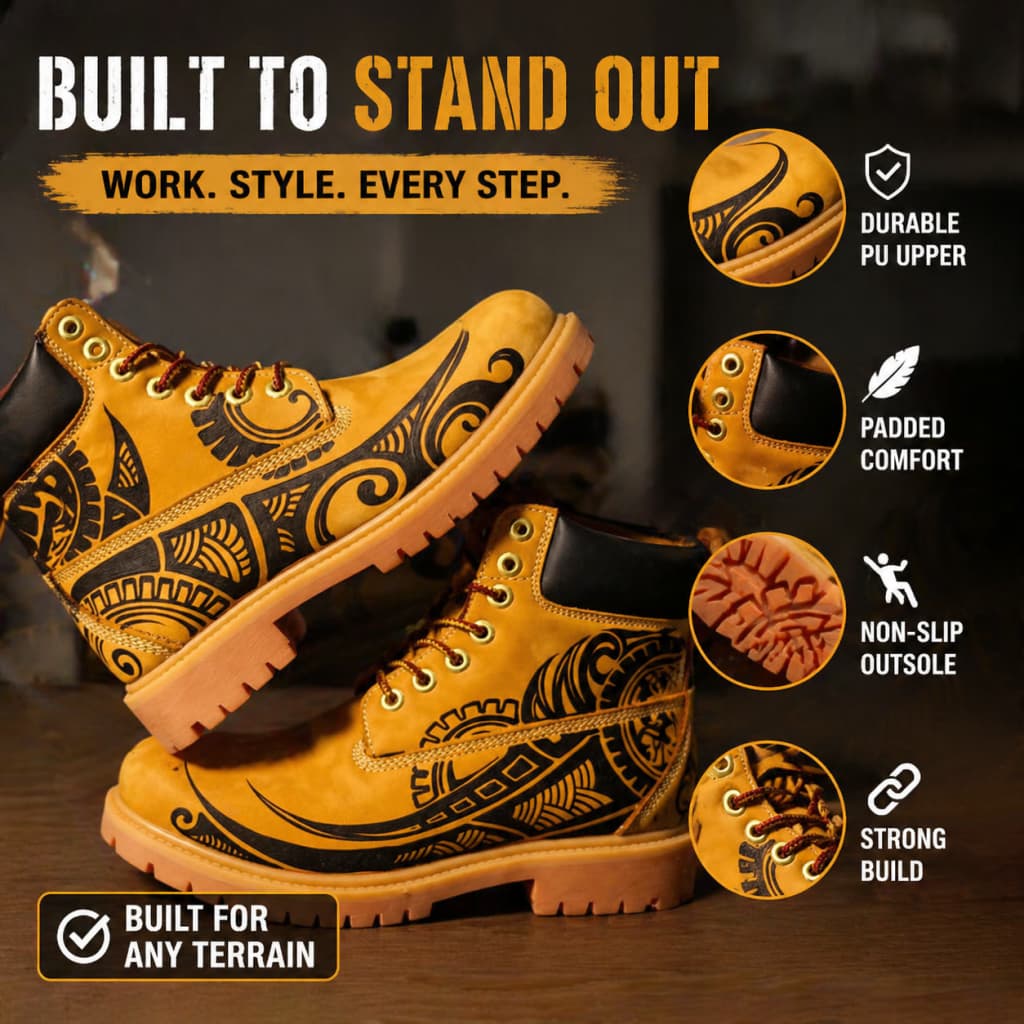 Men's Tribal Tattoo Pyrography Leather Boots | Polynesian Maori | PyroLeather Co Hand‑Pyrography Genuine Leather Work Boots