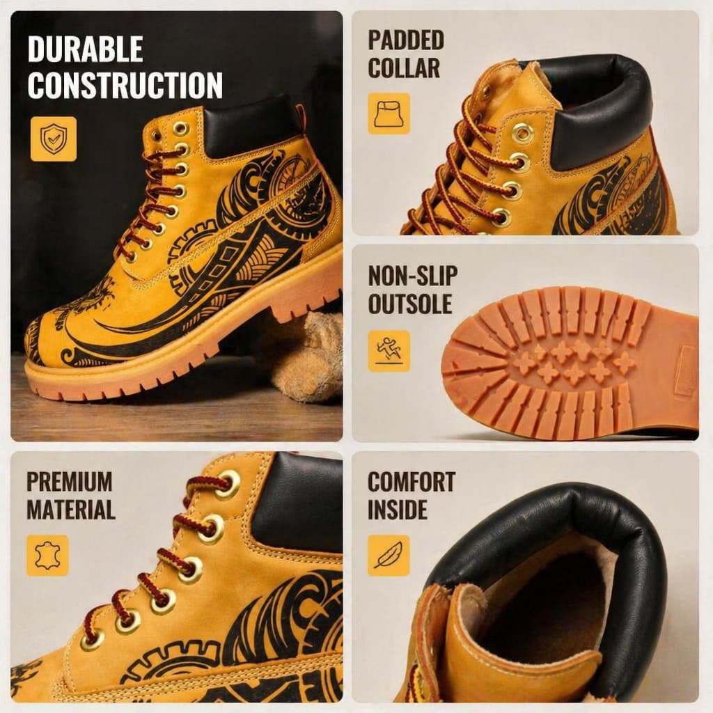 Men's Tribal Tattoo Pyrography Leather Boots | Polynesian Maori | PyroLeather Co Hand‑Pyrography Genuine Leather Work Boots