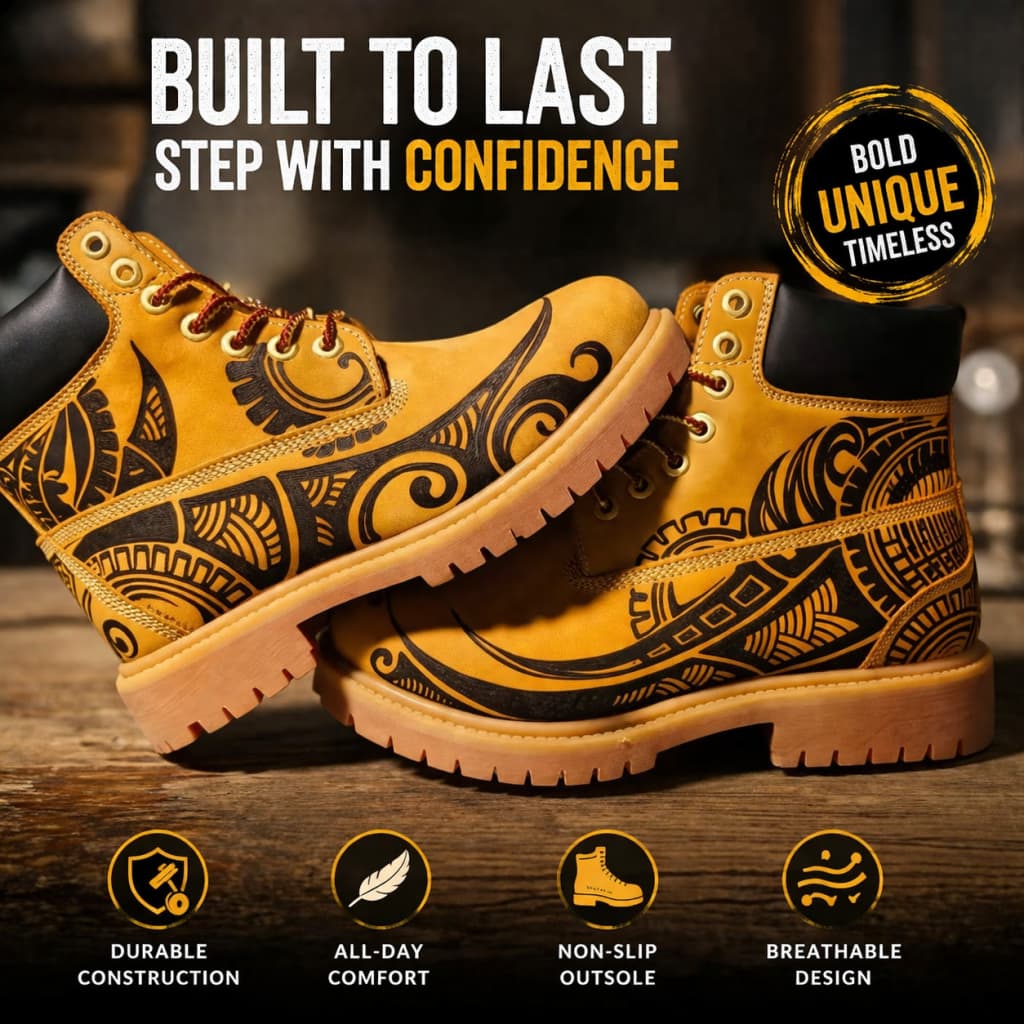 Men's Tribal Tattoo Pyrography Leather Boots | Polynesian Maori | PyroLeather Co Hand‑Pyrography Genuine Leather Work Boots