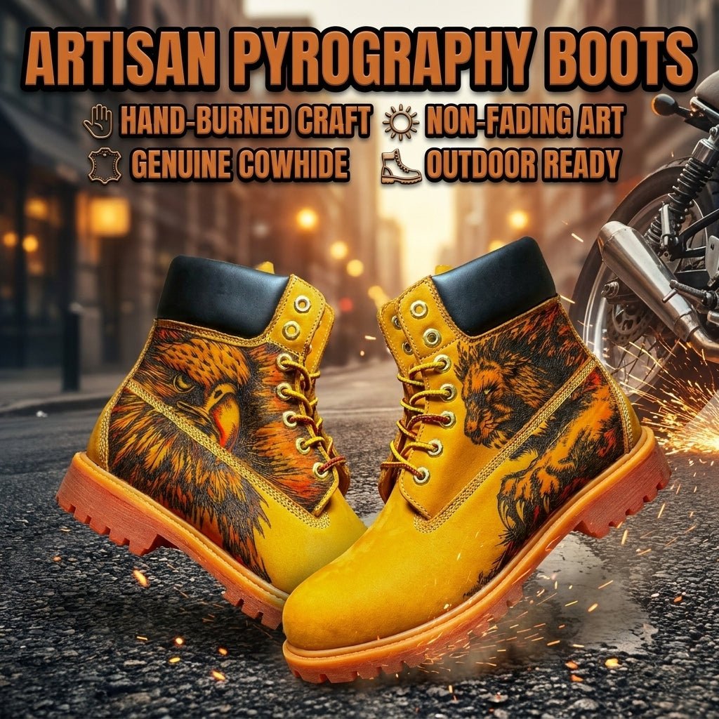 Premium Hand‑Crafted Leather Boots for Men, Custom Burn‑In Pattern Yellow Outdoor Work Boot Hand‑Pyrography Genuine Leather Work Boots