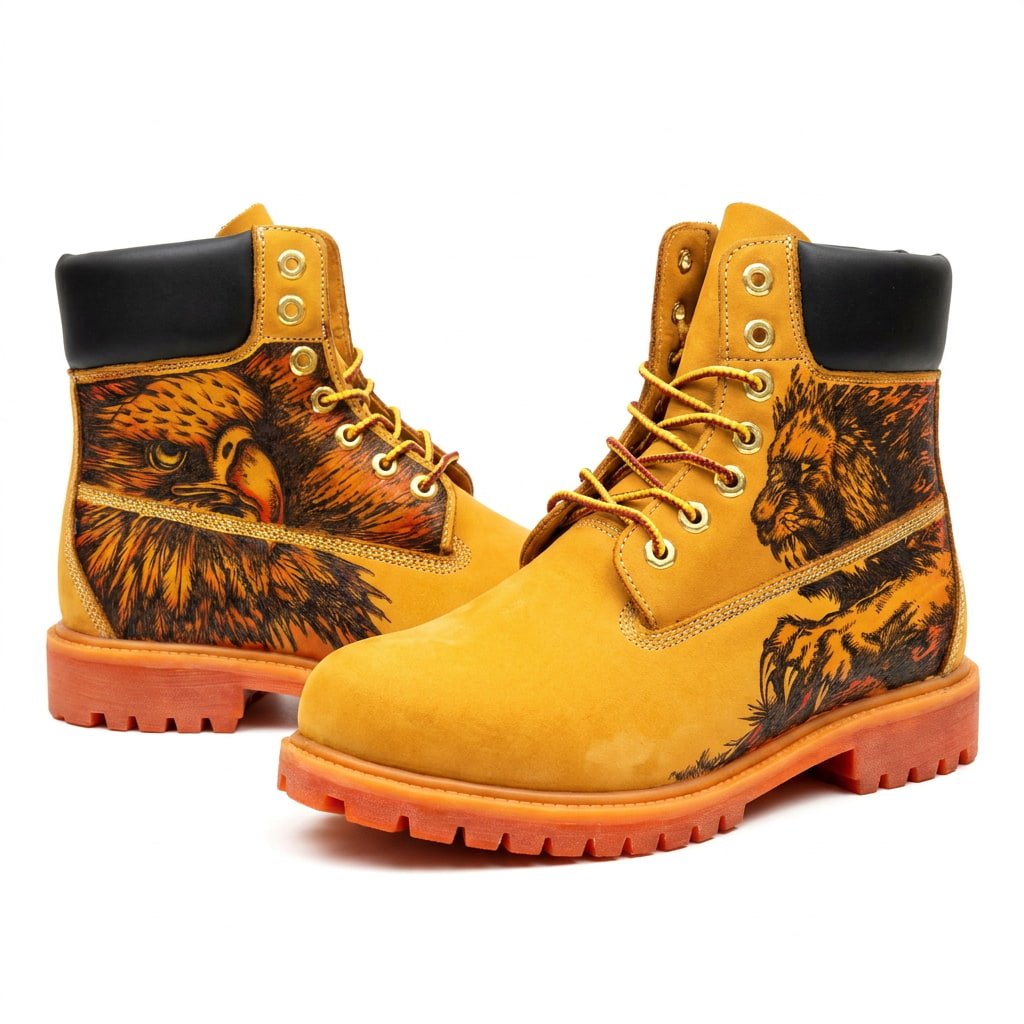 Premium Hand‑Crafted Leather Boots for Men, Custom Burn‑In Pattern Yellow Outdoor Work Boot Hand‑Pyrography Genuine Leather Work Boots