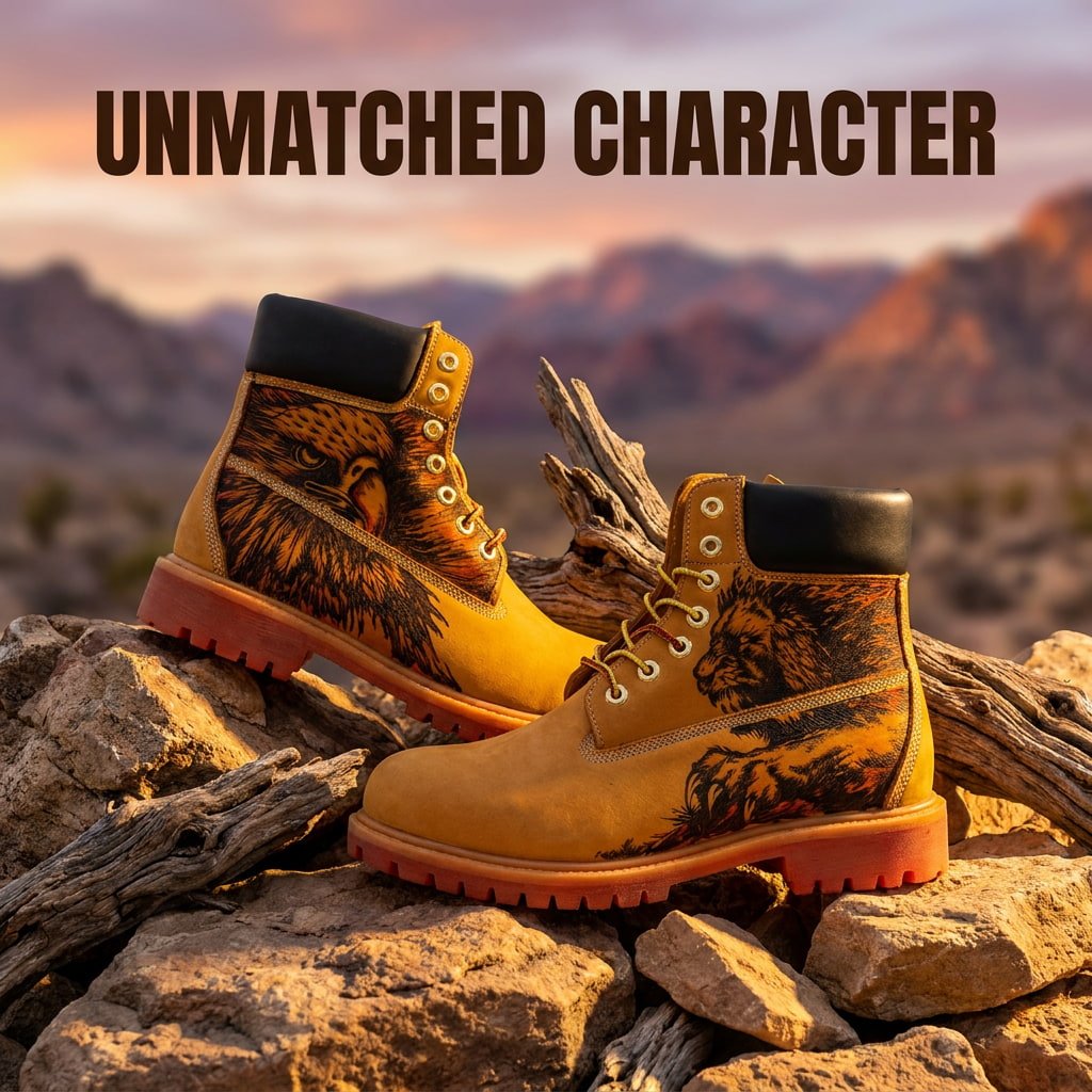 Premium Hand‑Crafted Leather Boots for Men, Custom Burn‑In Pattern Yellow Outdoor Work Boot Hand‑Pyrography Genuine Leather Work Boots