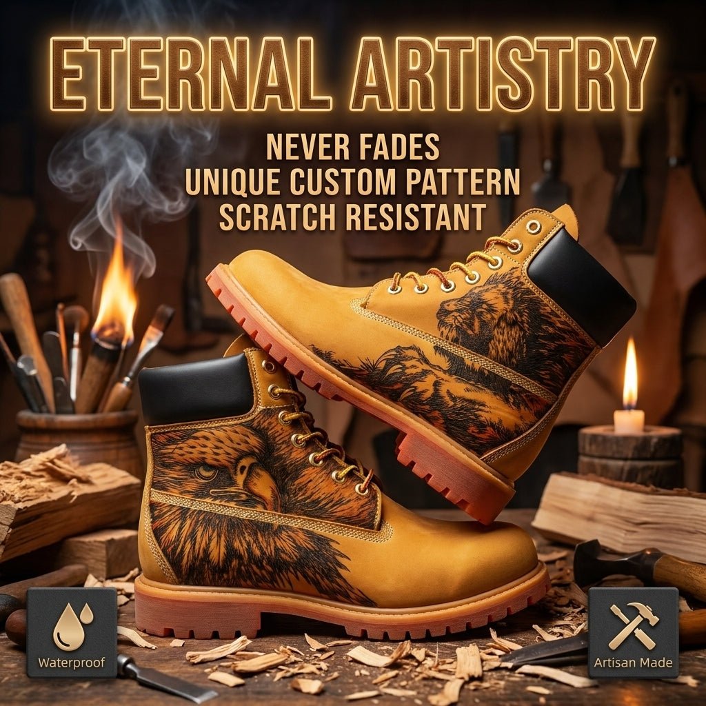 Premium Hand‑Crafted Leather Boots for Men, Custom Burn‑In Pattern Yellow Outdoor Work Boot Hand‑Pyrography Genuine Leather Work Boots