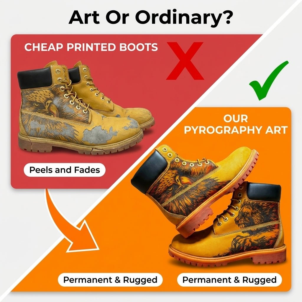 Premium Hand‑Crafted Leather Boots for Men, Custom Burn‑In Pattern Yellow Outdoor Work Boot Hand‑Pyrography Genuine Leather Work Boots