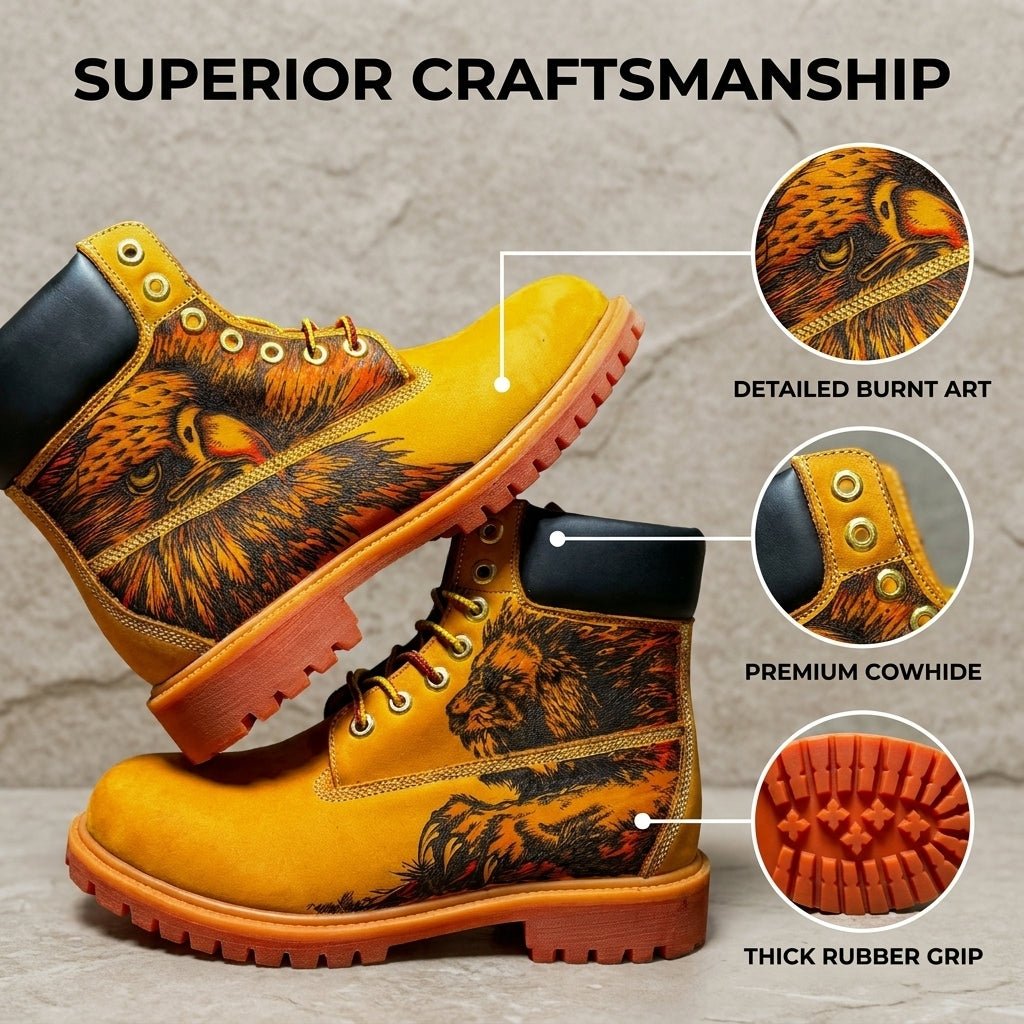 Premium Hand‑Crafted Leather Boots for Men, Custom Burn‑In Pattern Yellow Outdoor Work Boot Hand‑Pyrography Genuine Leather Work Boots