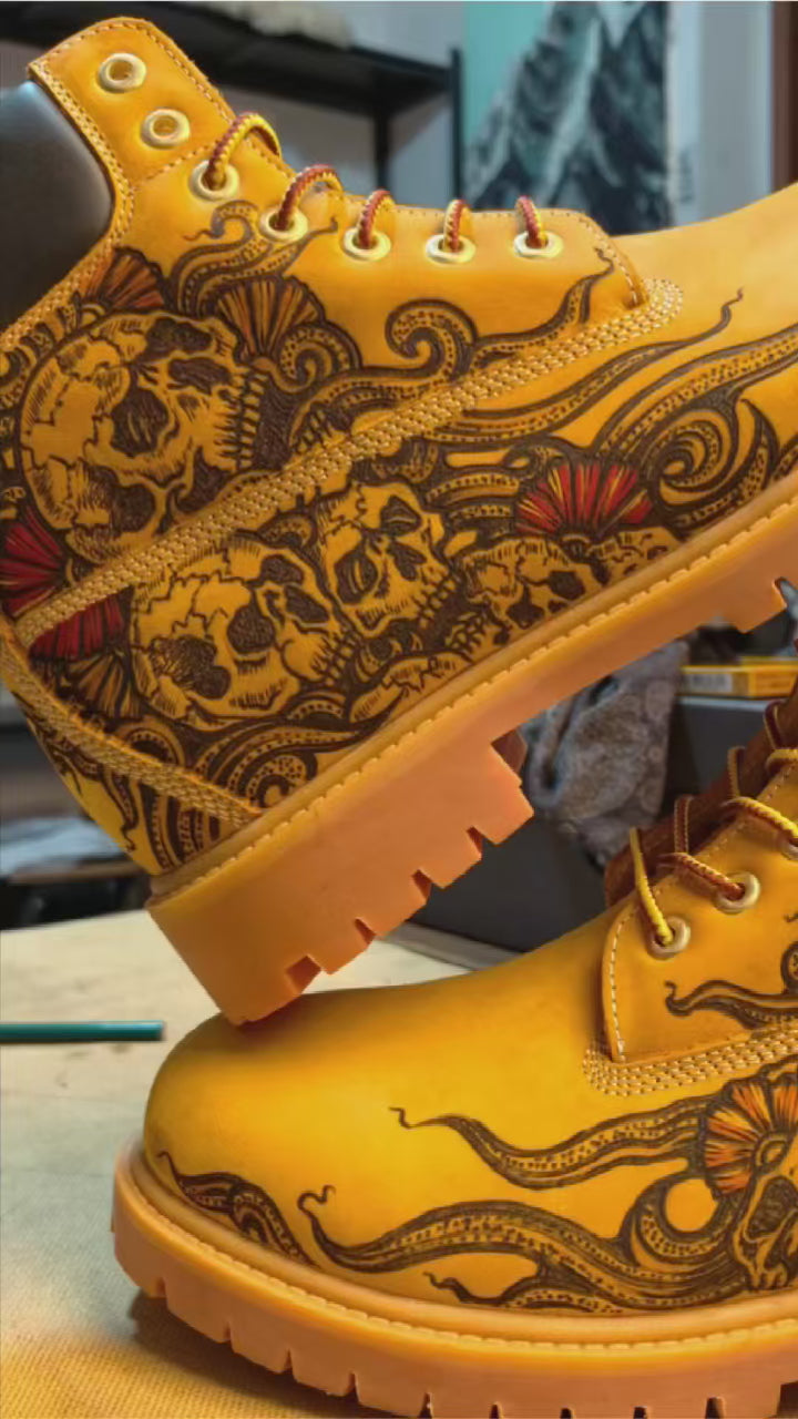 Men's Hand‑Pyrography Leather Work Boots, Handcrafted Genuine Leather Rugged Ankle Boots